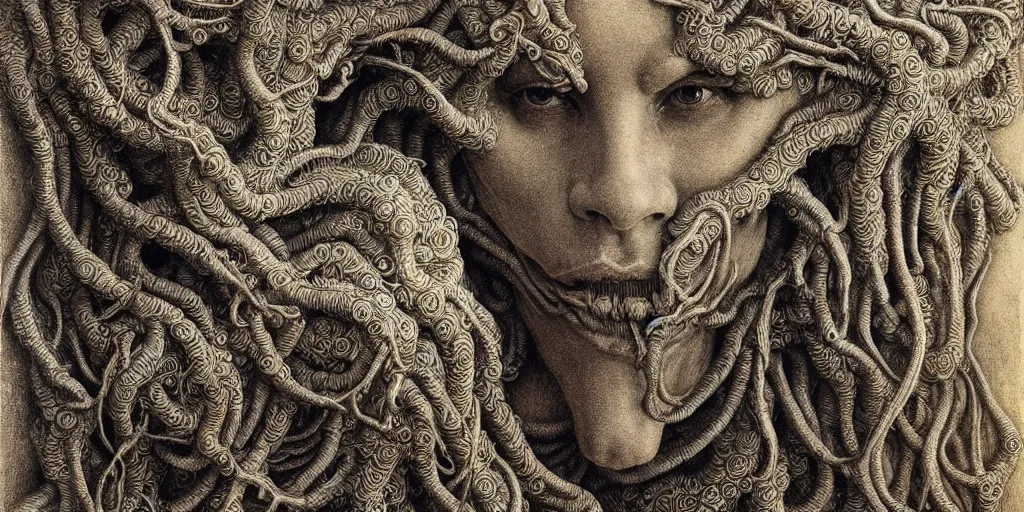 Image similar to detailed realistic beautiful tyrolean farmer hay monster god face portrait by jean delville, gustave dore, iris van herpen and marco mazzoni, art forms of nature by ernst haeckel, art nouveau, symbolist, visionary, gothic, neo - gothic, pre - raphaelite, fractal lace, biodiversity, surreality, hyperdetailed ultrasharp octane render