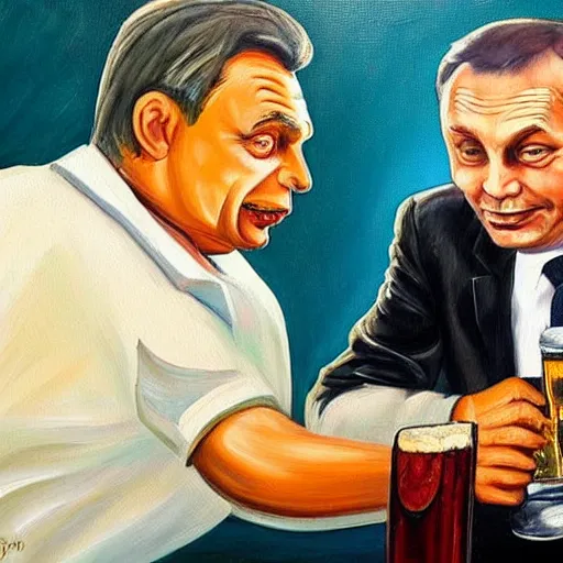 Prompt: viktor orban drinking beer with putin, anatomically correct, oil painting, highly detailed