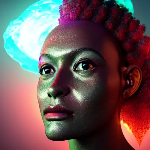 Image similar to Portrait of Pele, the fire goddess, rendered in unreal engine, rendered in octane render, rendered in blender, unreal engine, octane, blender, dark studio lighting, bright, glowing aura, vividly beautiful colors, bioluminescence, bioluminescent lighting, volumetric lighting