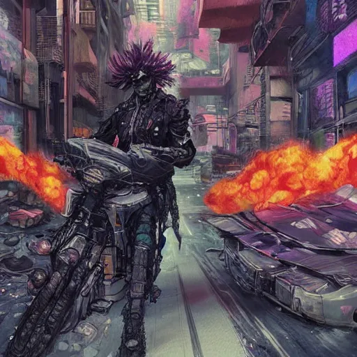 Prompt: portrait painting of a street samurai with long purple hair riding a motorcycle through a burning cyberpunk slum, glitch, concept art, intricate details, eerie, highly detailed, art by tsutomu nihei