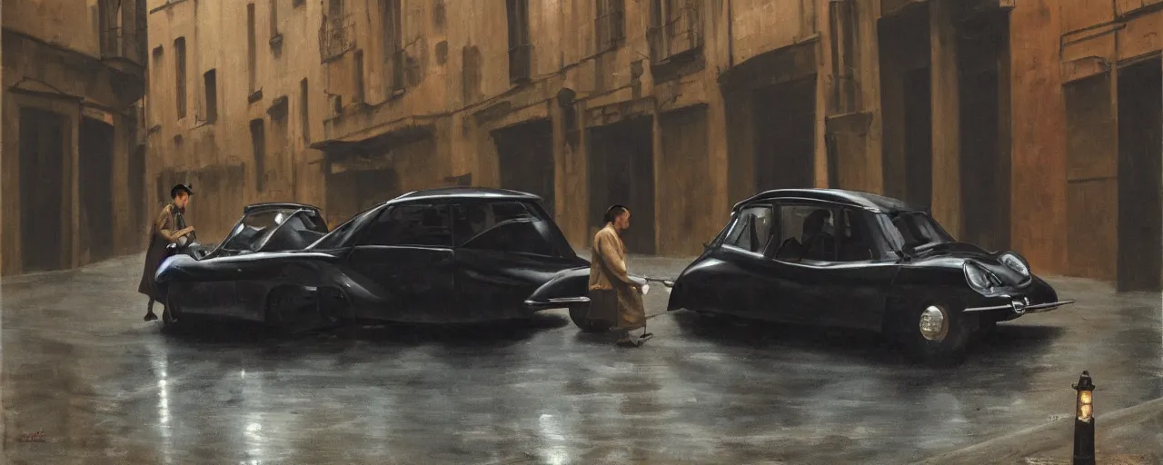 Prompt: A Detective at a black 1955 Citroen DS 19 with the headlights on, parked on the side of the road in the city of Rome while it is raining, by George Tooker, moody, sinister, lighting, hyperrealistic