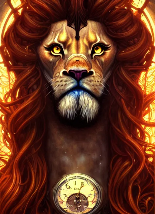 Image similar to portrait of demigod hercules, long wavy auburn hair, lion head, glowing eyes, volumetric lights, forest, art nouveau botanicals, gothic, intricate, highly detailed, digital painting, artstation, concept art, smooth, sharp focus, symmetric face, illustration, steampunk, art by artgerm and greg rutkowski and alphonse mucha