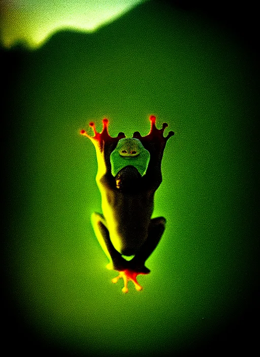 Prompt: “smiling frog vertically hovering over misty lake waters in jesus christ pose, semi translucent frog body, low angle, long cinematic shot by Andrei Tarkovsky, paranormal, eerie, mystical”