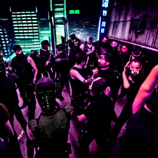 Prompt: rooftop photograph of a provocative techwear packed busy rundown nightclub, lots of people, males and females breakdancing, variety of sharp sparkly creepy masks, harnesses and garters, tactical vests and holsters, some people holding drinks or have robot limbs or have cybernetic mods, tattoos and piercings, retrofuturism, brutalism, cyberpunk, sigma 85mm f/1.4, 15mm, 35mm, tilted frame, long exposure, 4k, high resolution, 4k, 8k, hd, wide angle lens, highly detailed, full color, harsh light and shadow, intoxicatingly blurry, Kodak Kodachrome Film