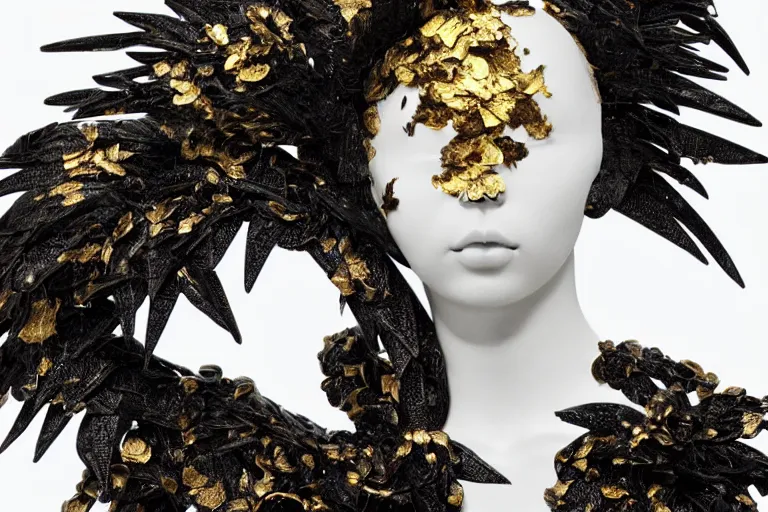 Prompt: full body, beautiful female black, porcelain sculpture, with lots of ornate gold leaf 3 d ibis birds attached to head by daniel arsham and james jean, on a white background, delicate facial features, white eyes, white lashes,