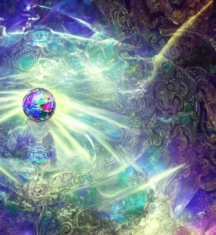 Image similar to a magical and exquisite fantasy illustration of an intricate and faceted crystal ball with a world inside of it + dissolving in to light + prism + god rays + dramatic lightning + backlit + specular highlights + ambient occlusion + global illumination + bump map + reflective + caustics + refractive + unreal engine 5 + DOF + sharp focus + watercolor artwork by Alvaro Castagnet