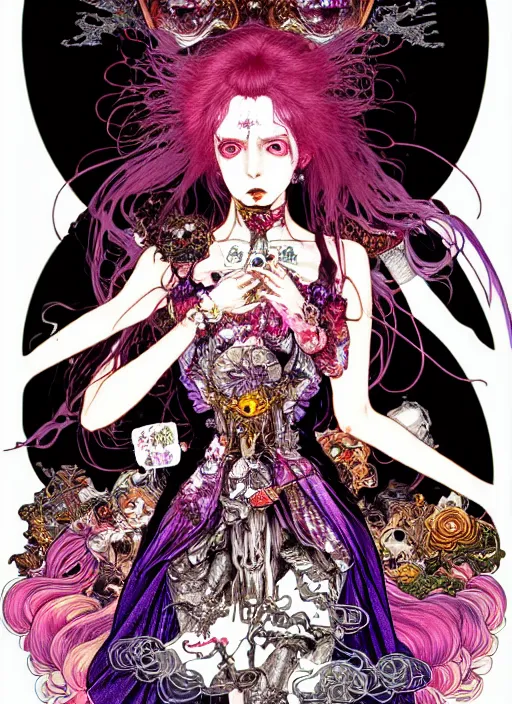 Image similar to highly detailed terada katsuya artstation ayami kojima manga poster of princess mechine enraged damaged angry zombie, rainbow gradient reflection, long hair, armor, dress, laces, ruffles, 8 k, maximalist,, jump comics, tomer hanuka, alphonse mucha