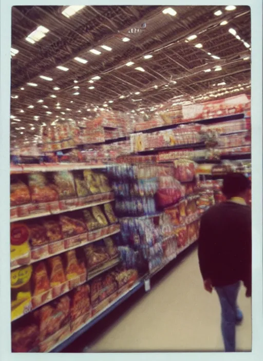 Image similar to first person view. walking through a costco in 1 9 9 7. blurry polaroid. simple composition. wes anderson