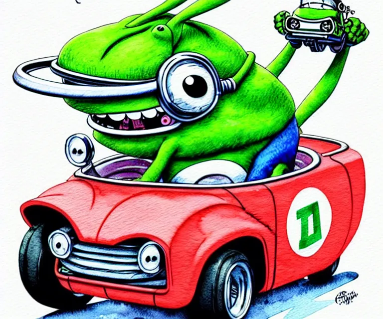 Prompt: cute and funny, cute pepe wearing a helmet riding in a tiny hot rod with oversized engine, ratfink style by ed roth, centered award winning watercolor pen illustration, isometric illustration by chihiro iwasaki, edited by range murata, details by artgerm