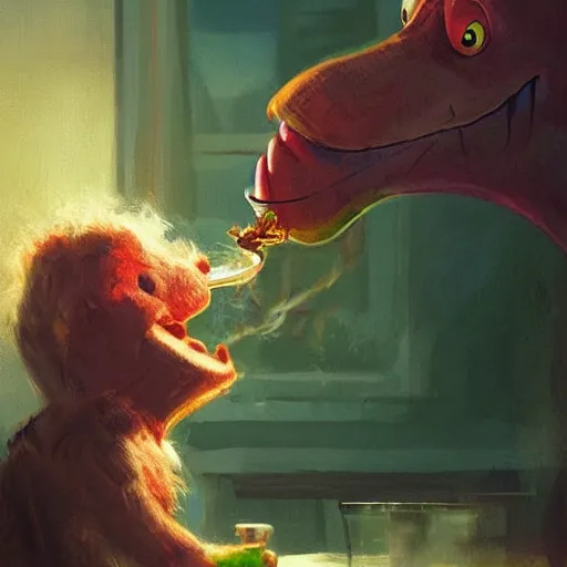 Image similar to barney the dinosaur from kids show drinking whisky and smoking a cigar, portrait art by and greg rutkowski, digital art, trending on artstation