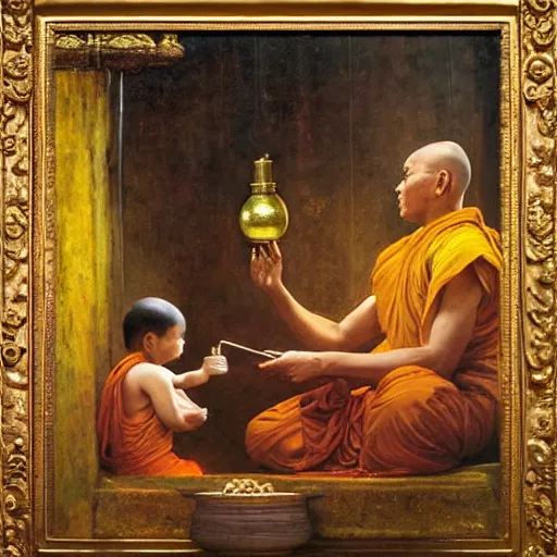 Image similar to old srilankan buddhist monk pouring liquid gold into buddhist monk kid head baroque style, painting by gaston bussiere, craig mullins, j. c. leyendecker, lights, art by ernst haeckel, john william godward, hammershøi,