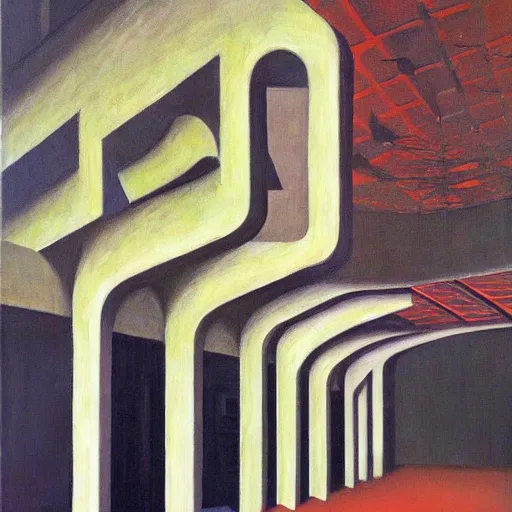 Image similar to brutalist giant unfeeling robot bishop visage, portrait, atrium, rotunda, dystopian, pj crook, edward hopper, oil on canvas