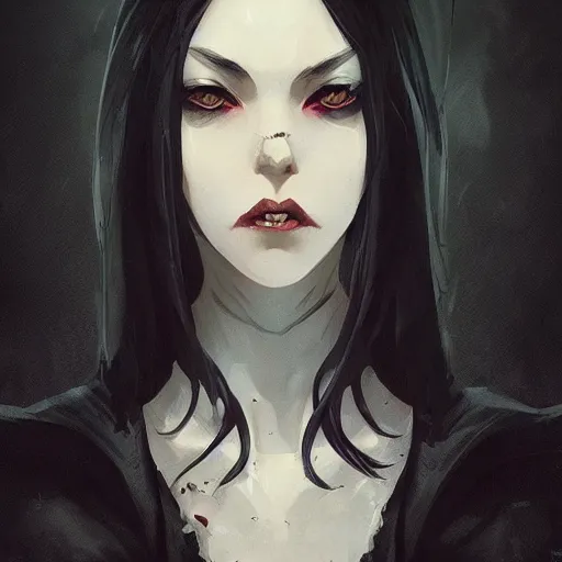 Image similar to female human vampire witch in the style of greg rutkowski, makoto shinkai, trending on artstation, character design, concept art, pretty face, highly detailed, long black hair, portrait, digital art