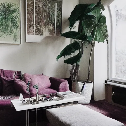 Image similar to ! dream a living room with plants and speakers and a painting on the wall, a photorealistic painting by mollie forestier - walker, featured on tumblr, light and space, sanctuary, soft light, aesthetic