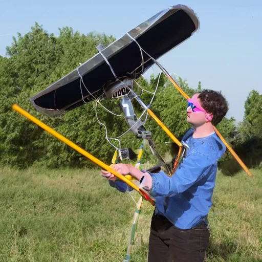 Image similar to complicated diy radio telescope scanner device made of brooms and lids and pans and duct tape and wires and lenses and cables and wires and electronics