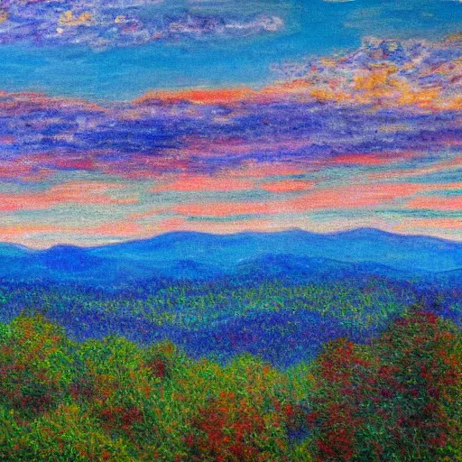 Image similar to asheville skyline from beaucatcher mountain, in the style of claude monet, watercolor, beautiful, scenic, award winning, 4 k, hd