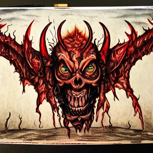 Image similar to photo of an intricately detailed representation of a accurate demon from hell . Colored oils with colored inks.
