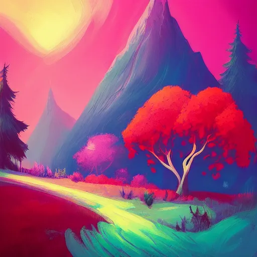 Image similar to dreamy landscape, colorful trees, little cottage, mountains, by Anton fadeev