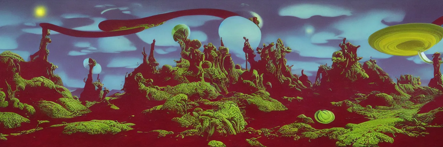 Image similar to psychedelic surreal alien landscape, by roger dean, by dean ellis, detailed high resolution, atmospheric environment, oil on canvas