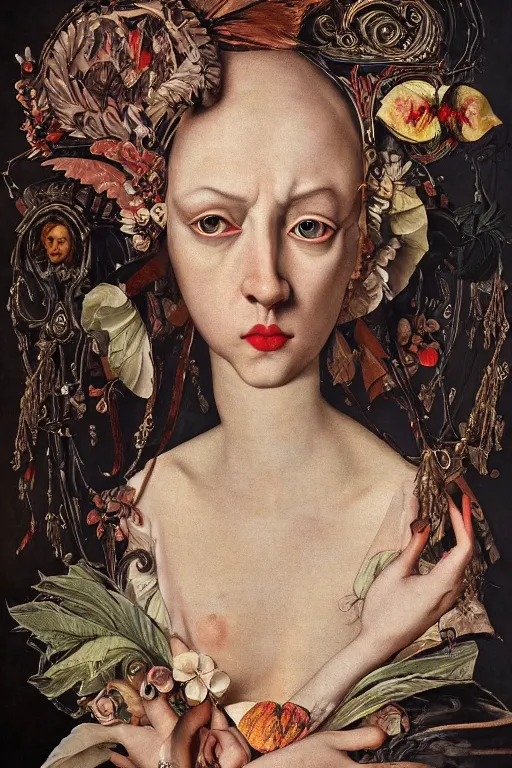 Prompt: Detailed maximalist portrait with large lips and with large eyes. HD mixed media, 3D collage, highly detailed and intricate illustration in the style of Caravaggio, baroque dark art