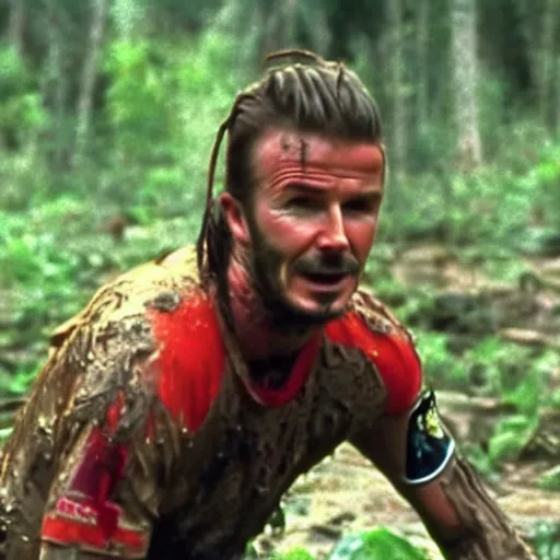 Image similar to cinematic still of david beckham wearing manchester united uniform, covered in mud and watching a predator in a swamp in 1 9 8 7 movie predator, hd, 4 k