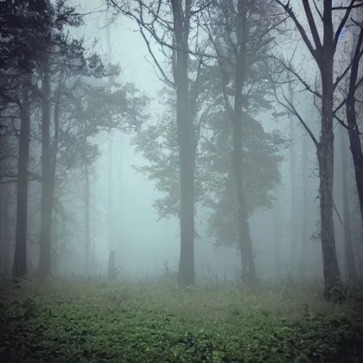 Prompt: lost house in the woods. foggy. eerie.