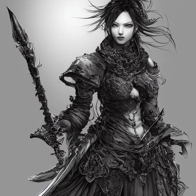 Image similar to the portrait of neutral evil fallen female dark knight vagabond as absurdly beautiful, gorgeous, elegant, sophisticated, woman, an ultrafine hyperdetailed illustration by kim jung gi, irakli nadar, intricate linework, bright colors, octopath traveler, final fantasy, unreal engine 5 highly rendered, global illumination, radiant light, detailed and intricate environment