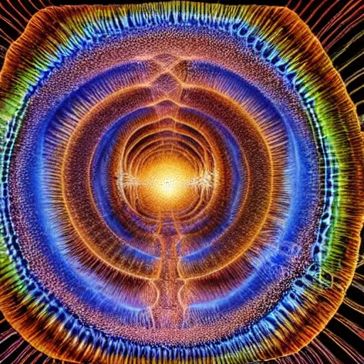 Image similar to thermodynamics of rare and unusual ideas absorbing the entropy of chaos while mechanisms of wonder weave ancient secrets, artists jose ortiz and alex grey, intricately detailed, three dimensional optical illusion, ambient occlusion, volumetric light