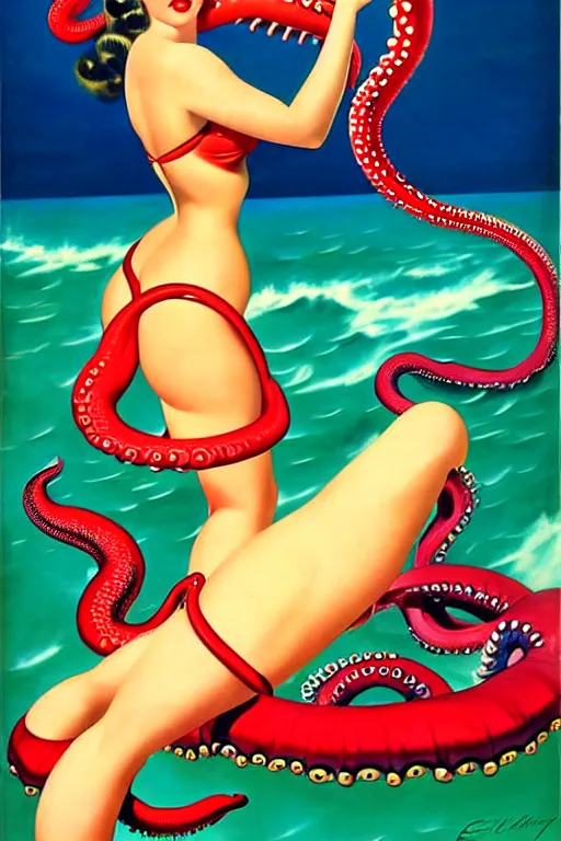 Image similar to 1940s pinup bikini girl with tentacles wrapped around her by a giant octopus, oil painting, by Gil Elvgren