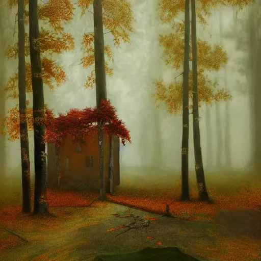 Image similar to shamans house in an autumn forest, green and brown tones, by Aron Wiesenfeld and beksincki, cinematic, detailed illustration, nature, fog, dark colors, suspense, intricate, 8k