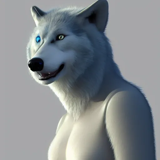 Image similar to 3 d render, well toned, large tall, female anthropomorphic wolf, blue fur with white spots, thick fur covering her chest.