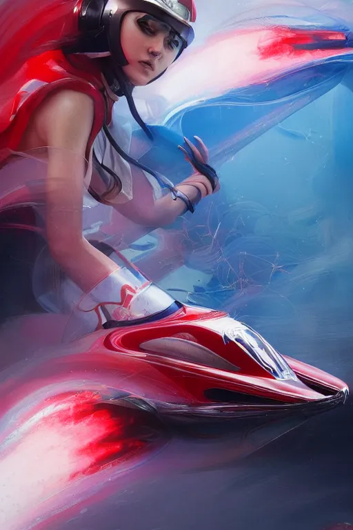 Image similar to Speed Racer, realistic and ultra intricate detailed soft painting, volumetric lighting, mist, chains and red fluid background, artstation, Tom Bagshaw Yasushi Nirasawa Moebius artstyle, unreal render, depth of field