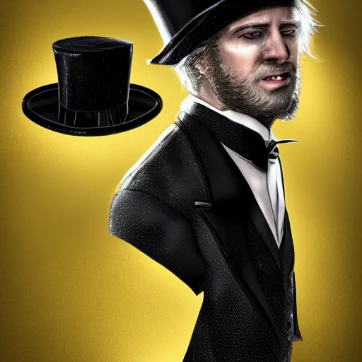 Image similar to a highly detailed portrait of a man in a high top hat covering his face, in a black tailcoat with a yellow waistcoat under the tailcoat, artstation, deviantart, professional, unreal engine 5, photorealistic