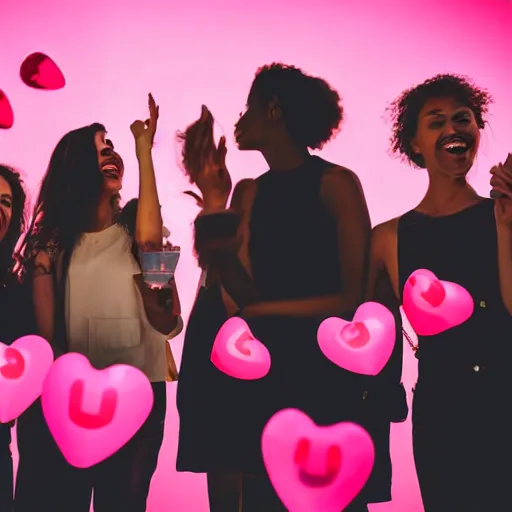 Prompt: silhouette of silly young women at a party having fun and holding balloons with pink hearts in the air