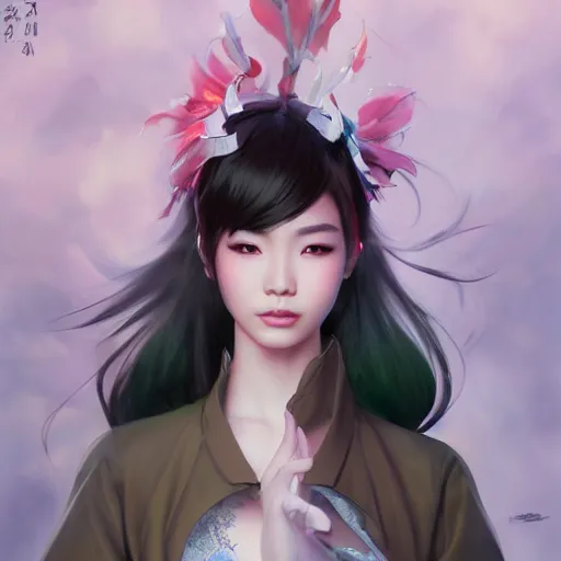 Image similar to A masterpiece portrait of a Incredibly beautiful Asian girl model in anime cosplay. Vogue. trending on artstation, digital art, by Stanley Artgerm Lau, WLOP, Rossdraws, James Jean, Andrei Riabovitchev, Marc Simonetti, Yoshitaka Amano