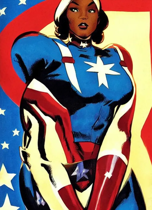 Image similar to beautiful black female captain america. afro - feminist captain america wins wwii. american wwii propaganda poster by james gurney, rob liefeld and pixar. gorgeous face. overwatch, realistic. black power