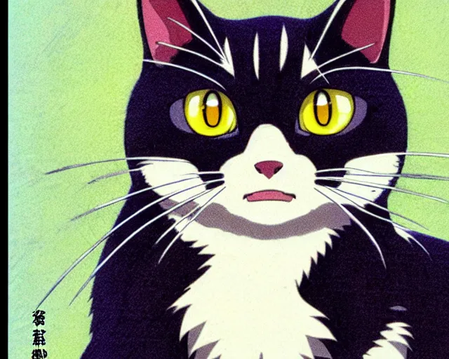 Prompt: anime fine details portrait of a cute cat, by Studio Ghibli and Edward Hopper. 8k, sharp high quality classic anime from 1990 in style of Hayao Miyazaki