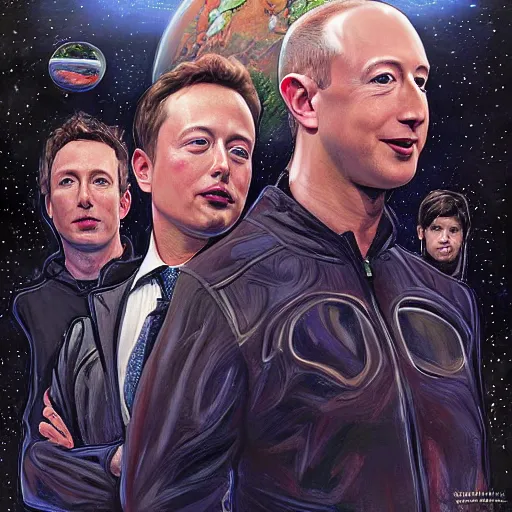 Image similar to portrait of elon musk, mark zuckerberg and jeff bezos together, looking at planet earth, very detailled, art contest winner on behance, trendy on deviantart, donato giancola, joseph christian leyendecker, les edwards, ed repka, wlop