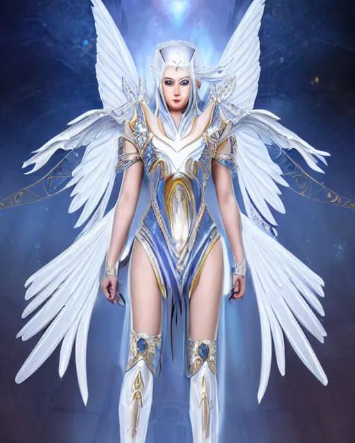 Image similar to perfect white haired egyptian goddess wearing white dove wings, warframe armor, regal, attractive, ornate, sultry, beautiful, dreamy, half asian, pretty face, blue eyes, detailed, scifi platform, 4 k, ultra realistic, epic lighting, android body, illuminated, cinematic, masterpiece, art by akihito tsukushi, voidstar, artgerm