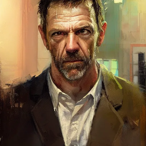 Image similar to face protrait of doctor house,, jeremy mann painting