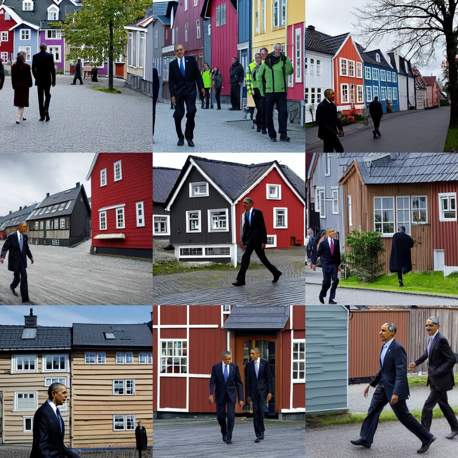 Prompt: Obama walking past wooden houses in Bakklandet in Trondheim, Norway