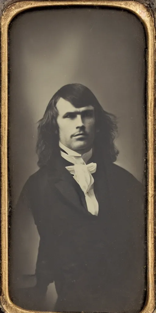 Prompt: Daguerreotype of a man done up in 80s style clothes and with a mullet, classical portrait