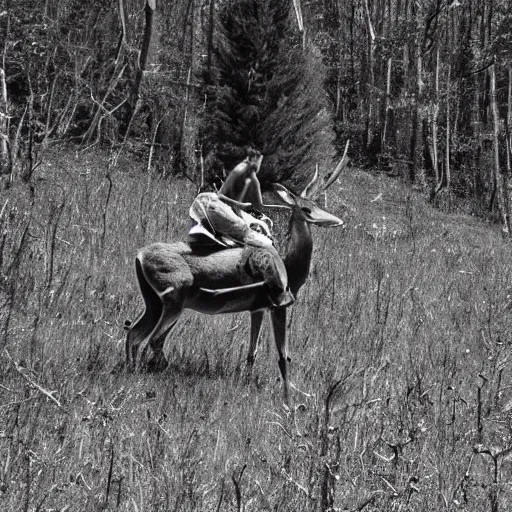 Prompt: alien riding on the back of a deer, grainy trail cam, black and white