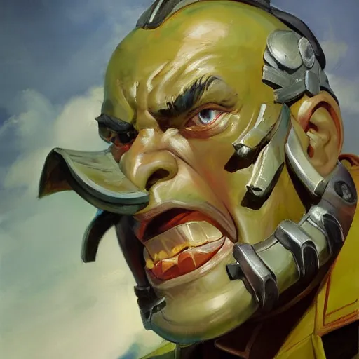 Image similar to greg manchess close - up portrait painting of a ruggedly handsome, decorated dieselpunk orc general in dress uniform with olive green skin as an overwatch character, medium shot, asymmetrical, profile picture, organic painting, sunny day, matte painting, bold shapes, hard edges, street art, trending on artstation, by huang guangjian and gil elvgren and sachin teng