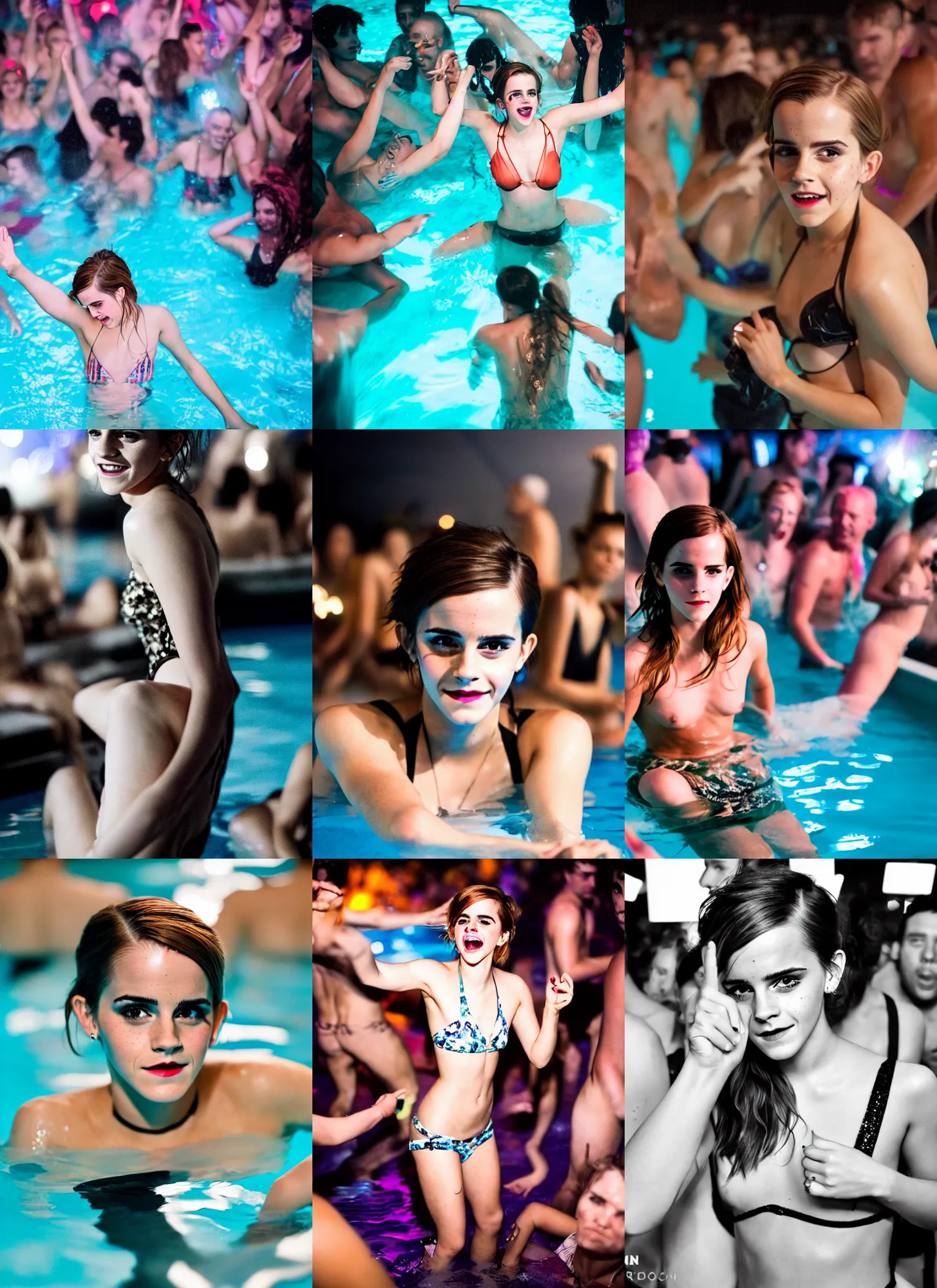 Prompt: a photo of emma watson super drunk having fun being the center of attention in a pool party in a crowded modern indoors pool with cyberpunk illumination at night. sensual photo. canon eos r 3, f / 1. 4, iso 2 0 0, 1 / 1 6 0 s, 8 k, raw, unedited, symmetrical balance, in - frame