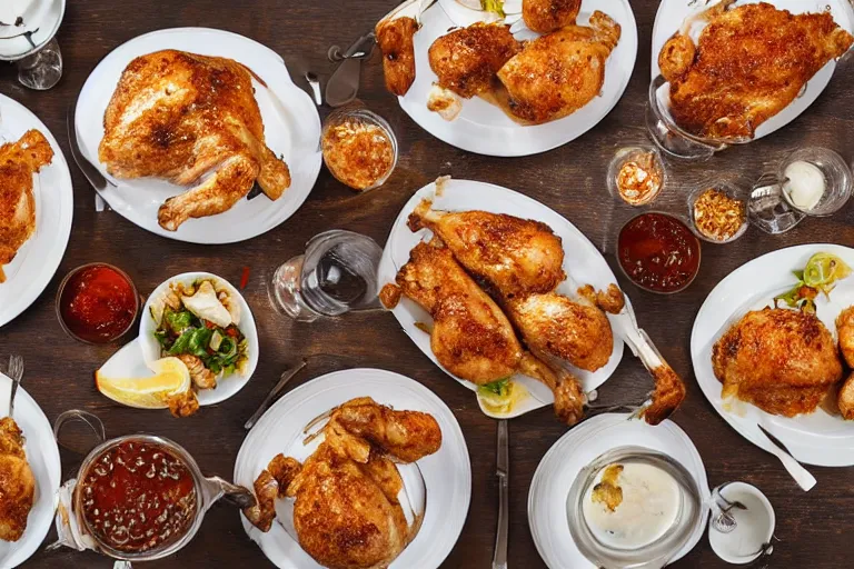 Image similar to a dinner table full of cooked chicken