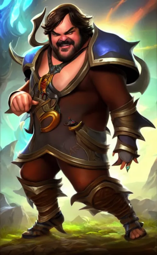 Image similar to Jack Black as a character in the game League of Legends, with a background based on the game League of Legends, detailed face, old 3d graphics