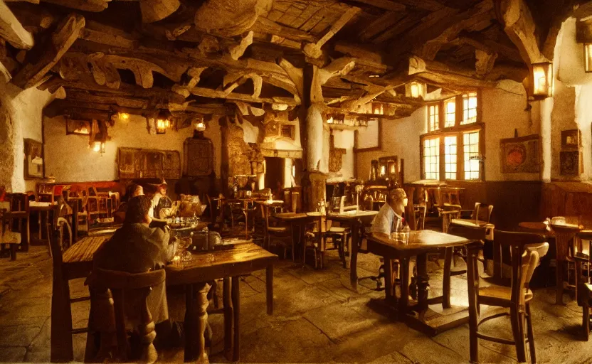 Prompt: A medieval Tavern with warmly lit windows by stanley kubrick, shot by 35mm film color photography