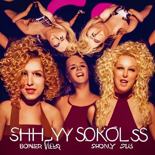 Prompt: album cover of a pop rock music group named'shiny souls'with two woman singers with blonde hair and one woman singer with brown curly hair singing in front of the crowd, very energetic, aerial view, digital art