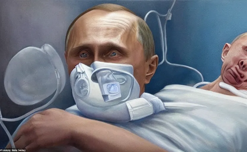 Prompt: hyperrealistic painting of very ill Vladimir Putin as a patient wearing an oxygen mask on a death bed inhaling from Copium tank that stand near his bed